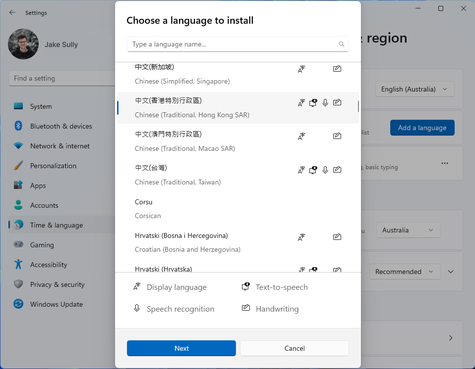 Image showing Windows Settings for 'Time & Language'. A modal shows Chinese (Traditional, Hong Kong SAR) is selected.