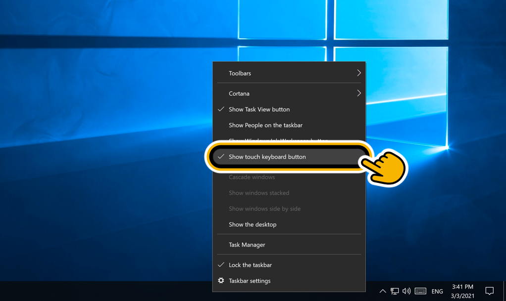 Image showing the task bar menu and the touch keyboard button as checked.