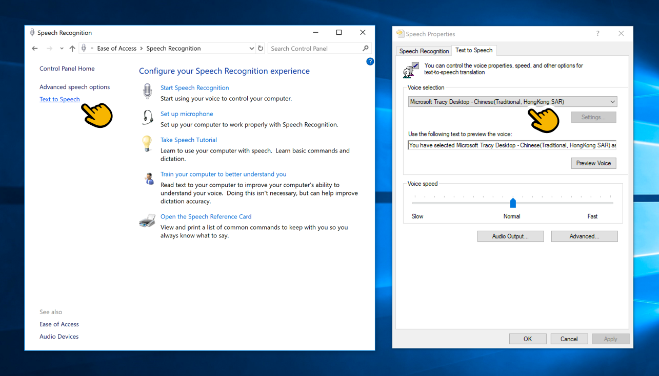 Image showing the Windows Control Panel to configure Text-to-Speech Voices.