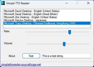 Simple TTS Reader on Windows 11, showing a window with the language: Cantonese Chinese Traditional Hong Kong SAR selected.